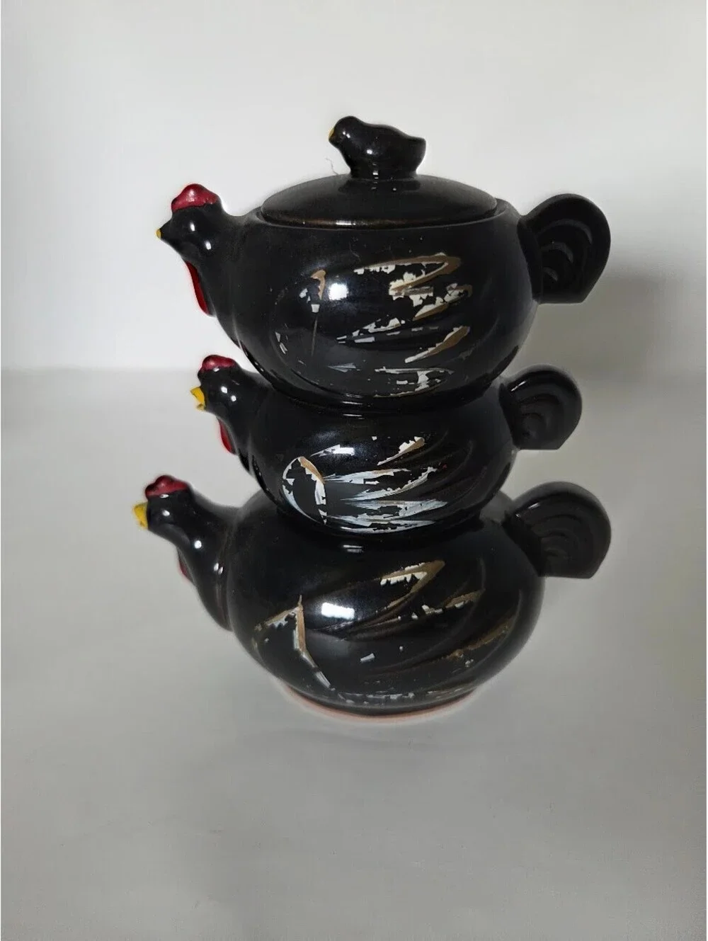 Vintage Black Hen Stacking Chicken Sugar Creamer Salt Ceramic Trio Set USA
